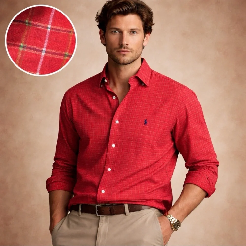 Ralph Lauren Men's Red Plaid Button-Down Shirt Blake Fit Size XL